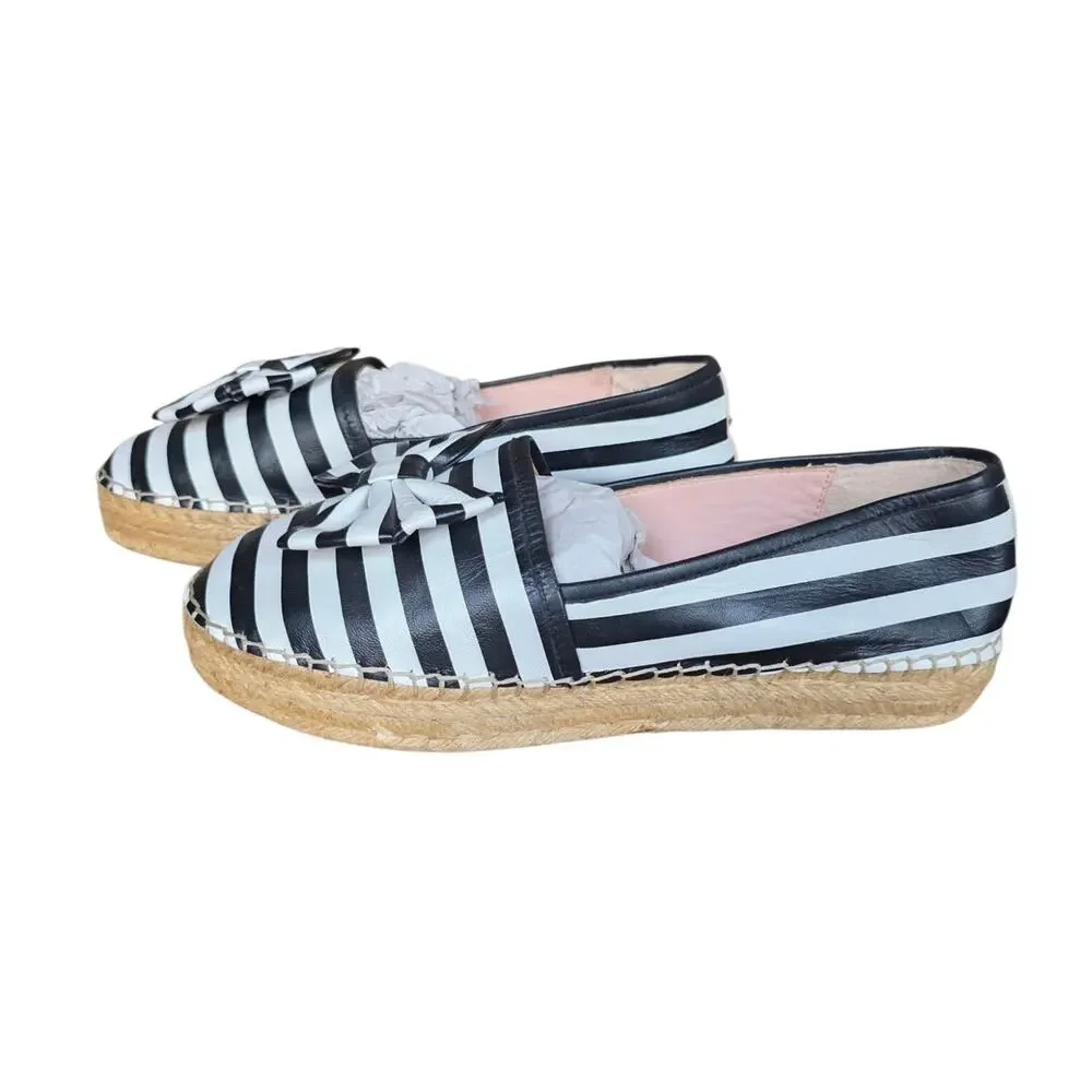 Kate Spade NY LINDS Striped Leather Bow Espadrille Flats Black White Sz 9